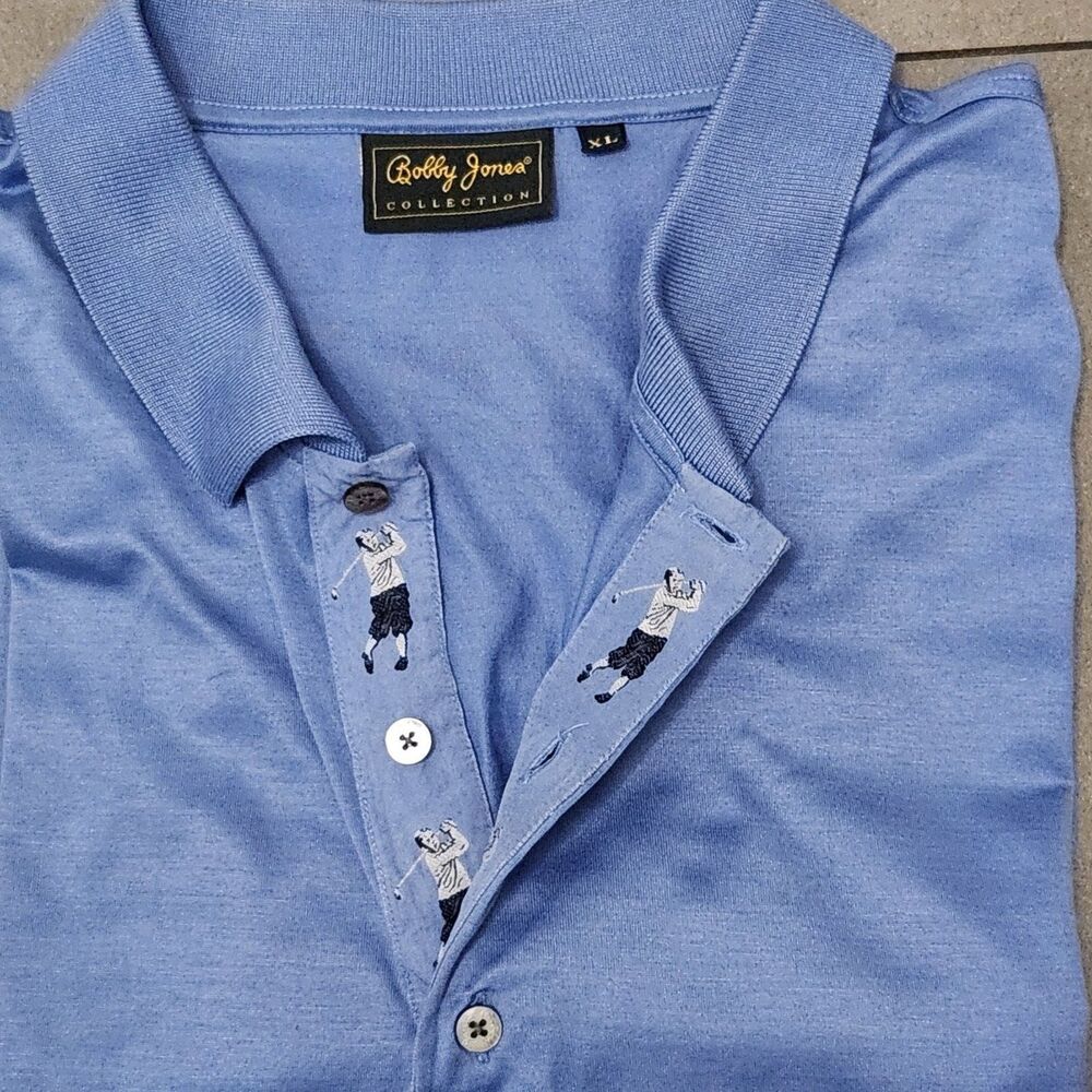 Bobby Jones Collection Polo Golf Shirt Mens XL Made in Italy Golfer Placket Blue - Picture 2 of 6